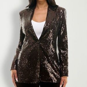 Brown Sequin Blazer Jacket Metallic Holiday Bronze Premier Amour